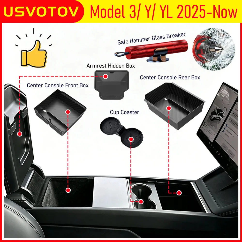 Bandeja Organizadora para Consola Central para Tesla Model 3 Y YL 2025 2026, Caja de Almacenamiento para Apoyabrazos, Portavasos, Rompeventanas y Cortador de Cinturón de Seguridad