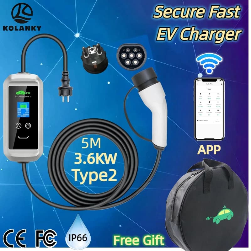 Tesla Cochegador EV 3.6KW 16A 1 fase portátil Type2 enchufe caja de Cochega rápida Cable de 5m corriente de ajuste para estación de Cochega de coche eléctrico