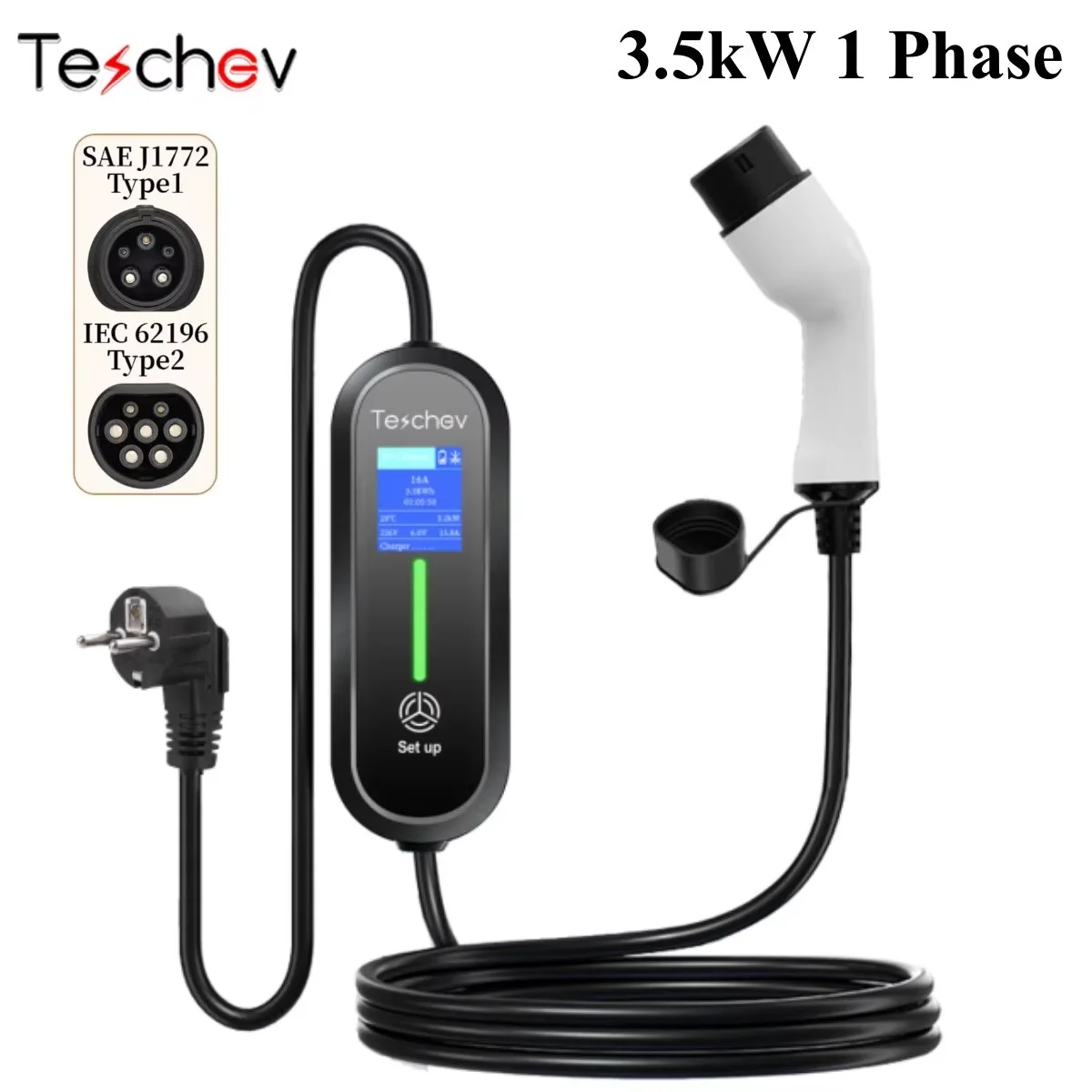 Tesla Teschev-Cochegador portátil EV de 220V y 230V, Wallbox 16A Type1 J1772, Cable de Cochega Type2, enchufe Schuko IEC62196 para coche eléctrico