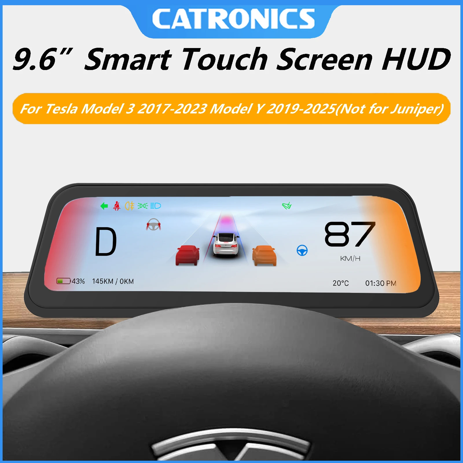 CATRONICS Pantalla HUD de 9.6 Pulgadas para Tesla Model 3 2016-2023 y Model Y 2020-2024, Compatible con Cocheplay y Android AUTO, Actualización OTA, Pantalla IPS HD 2.5D