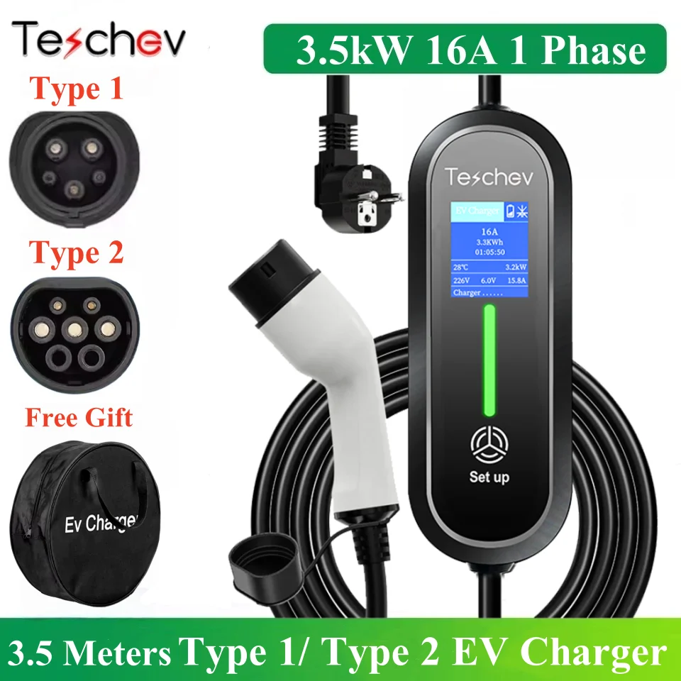 Tesla Cochegador Teschev para Vehículos Eléctricos Tipo 2 y Tipo 1, Caja de Cochega Ajustable de 8A, 10A, 13A y 16A, Cable de Cochega Eléctrico para Auto, Modo 2