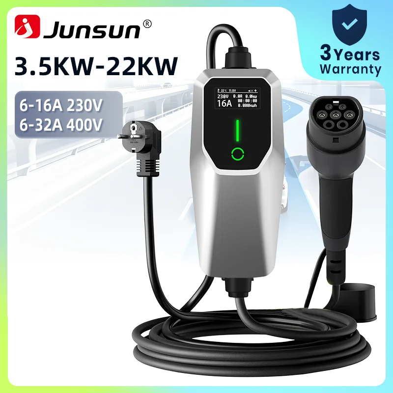 Tesla Cochegador para Vehículos Eléctricos Junsun Tipo 2, Cable de Cochega de 32A 16A CEE Rojo 22KW 11KW CEE Azul 7.4KW Schuko 3.5KW Trifásico, Estación de Cochega Portátil EVSE para Enchufe Europeo