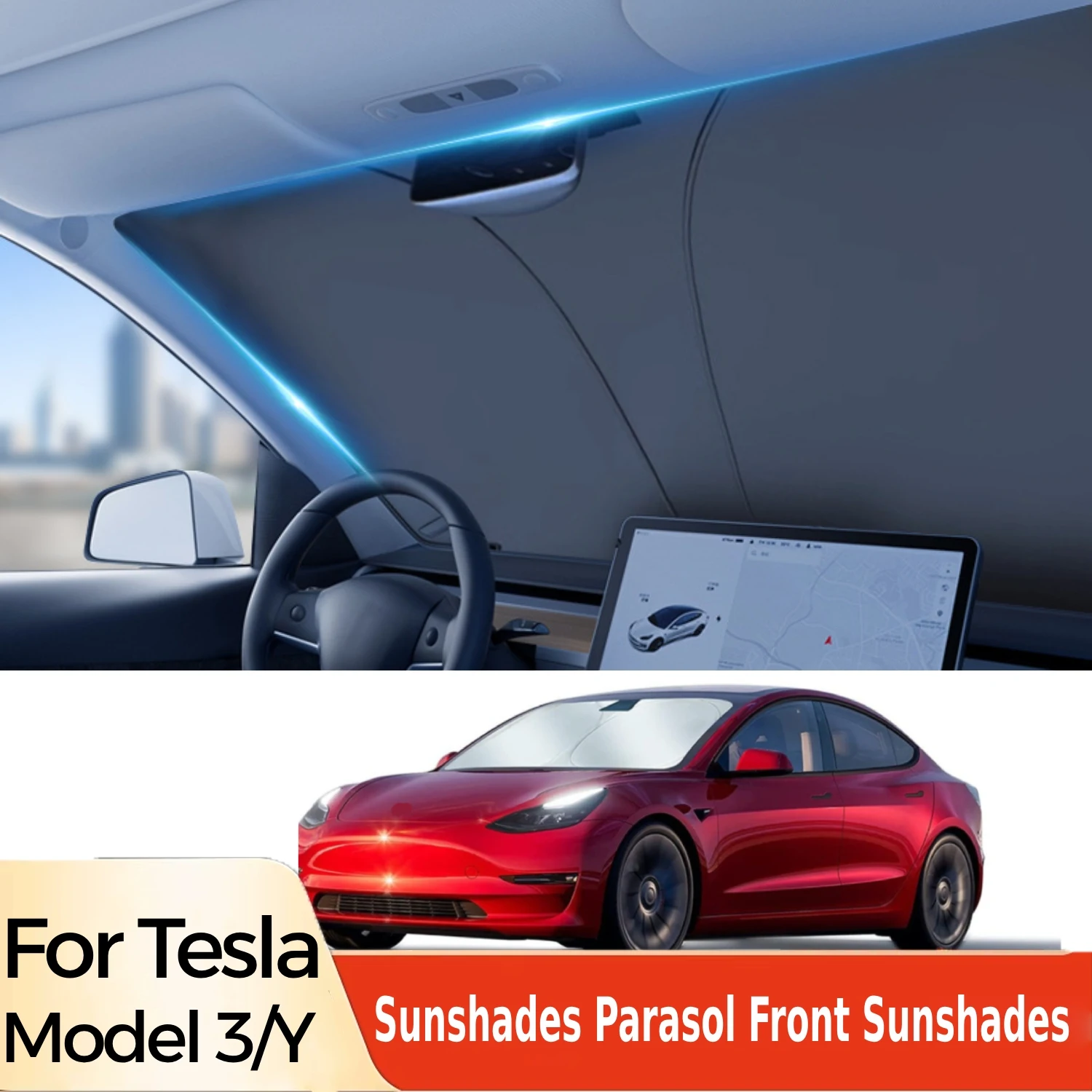 Parasol plegable para parabrisas de coche Tesla, cubierta parasol para ventana delantera, visera de protección térmica para modelo Y Model3 2024, accesorios