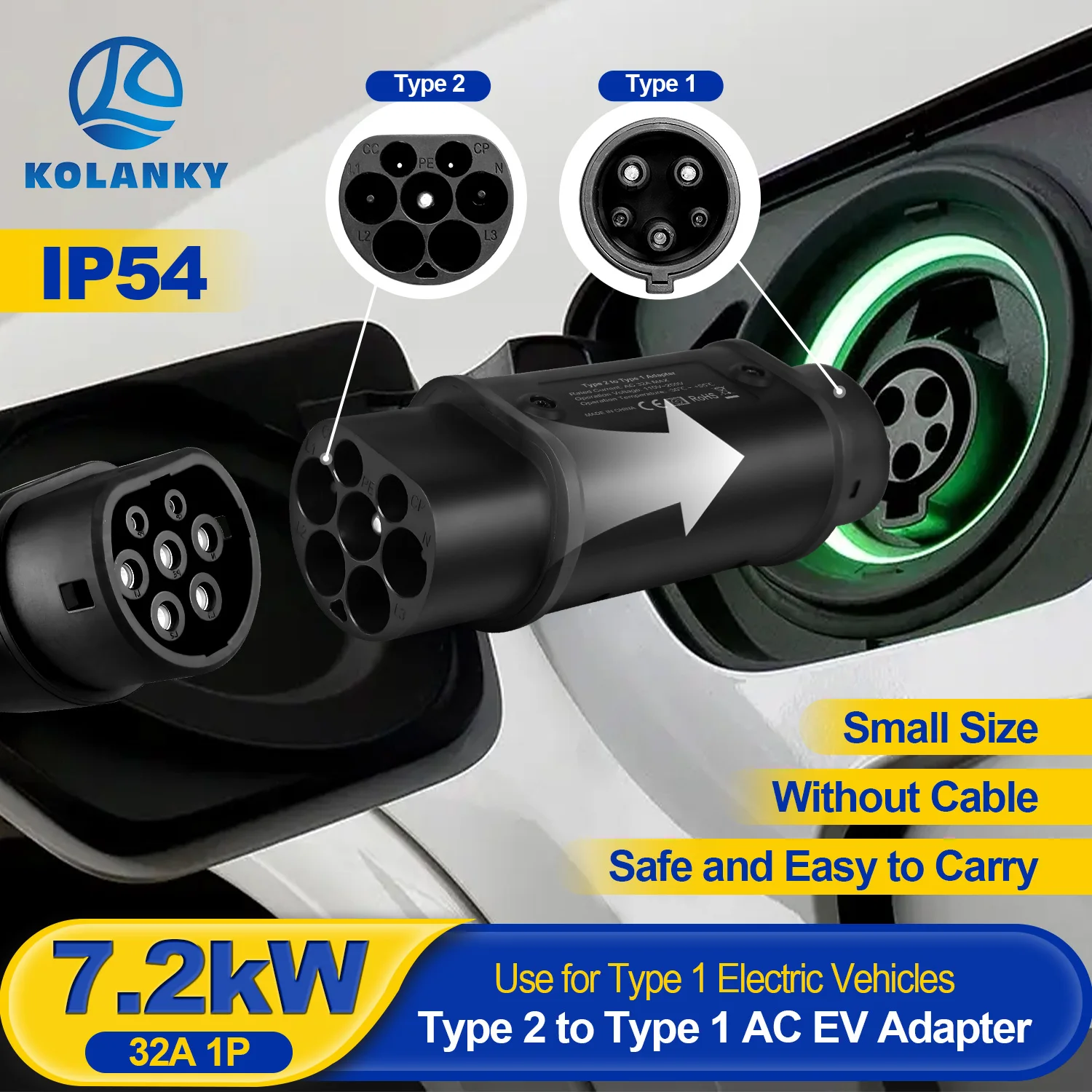 Tesla Kolanky Type2 a Type1 EV Cochegador adaptador convertidor IEC 62196 16A 32A J1772 para conector de Cochega de vehículo eléctrico