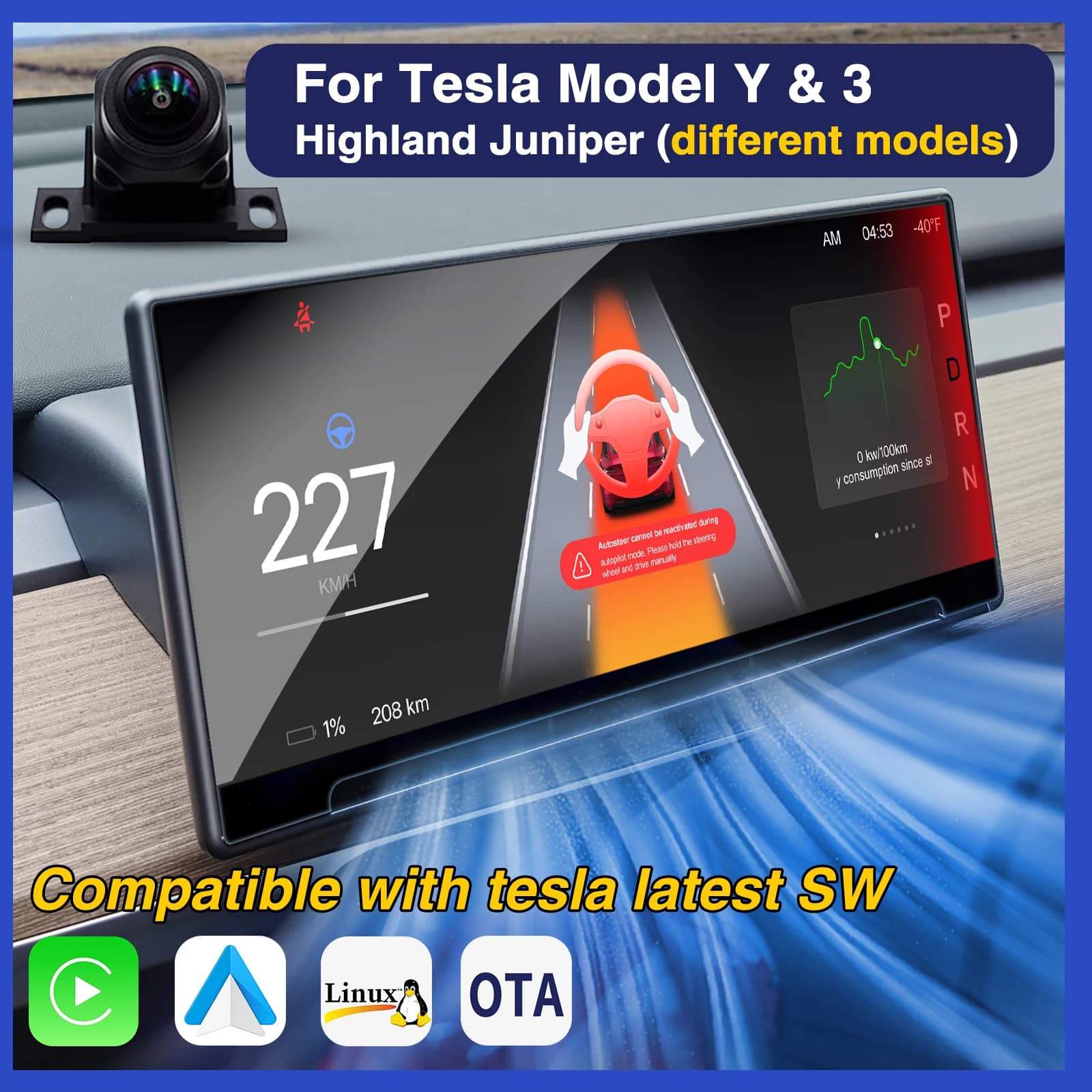 Pantalla de visualización frontal (HUD) para Tesla Model 3/Y Juniper, con integración en el panel de instrumentos Highland, la rejilla de ventilación, la pantalla frontal y la cámara de monitorización del conductor.