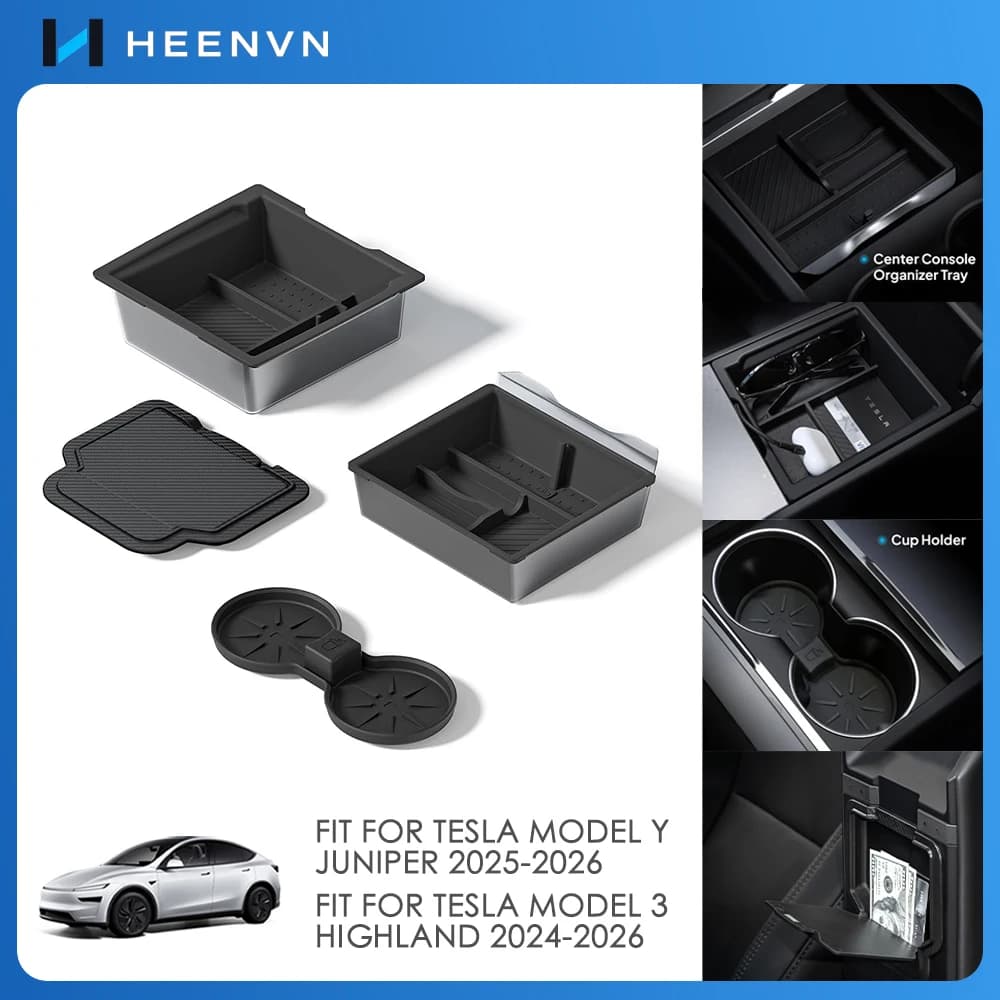 Heenvn Para Tesla Model Y Juniper y Model 3 Highland 2025-2026, Organizador de Consola Central ABS, Bandeja de Almacenamiento para Reposabrazos, Accesorios