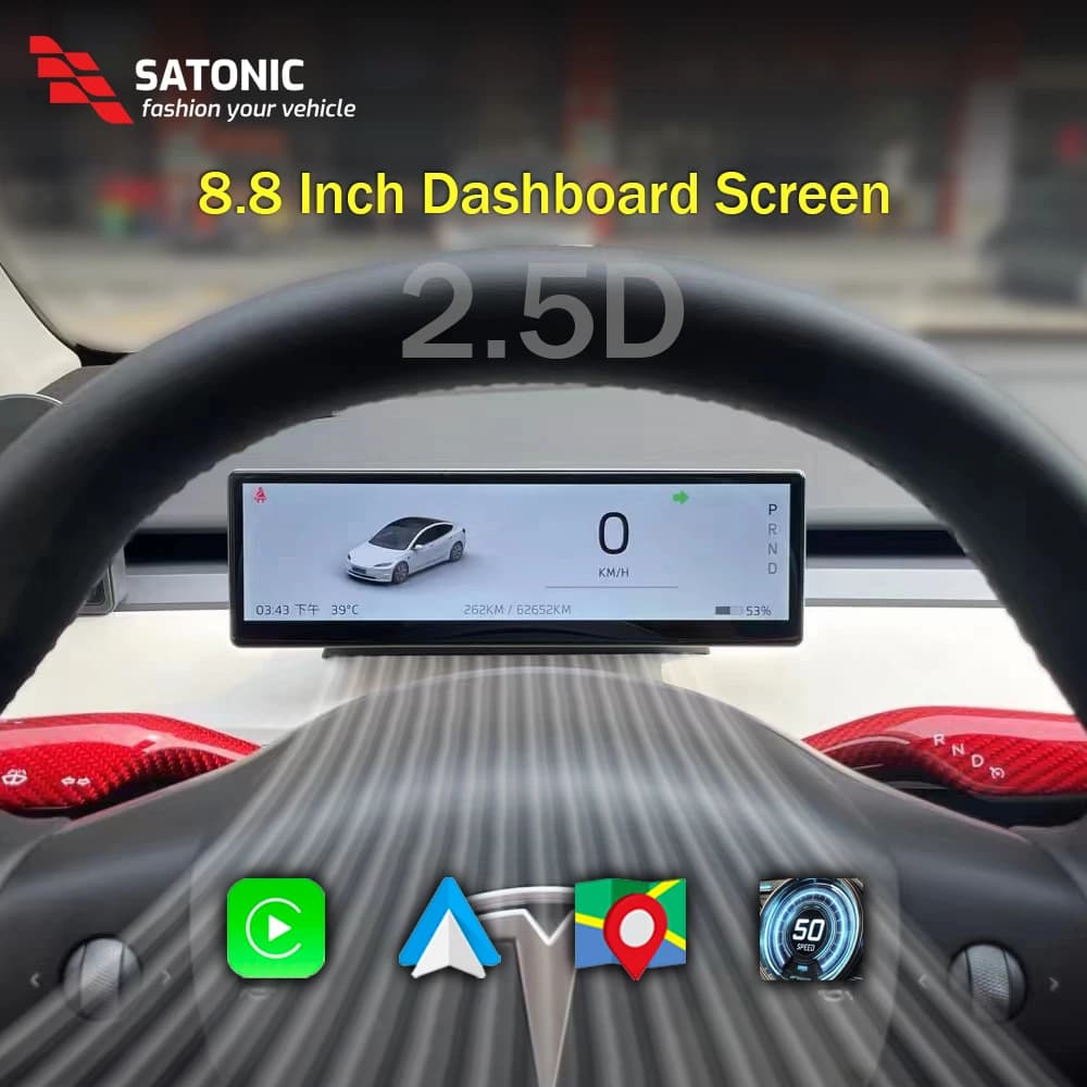 SATONIC-pantalla Cocheplay inalámbrica inteligente Dahsboard de 8,8 pulgadas para Tesla Model 3 y Y, compatible con Cocheplay Andriod, cámara frontal gratuita automática