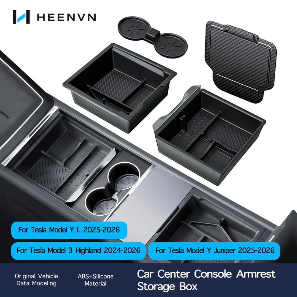 Heenvn para Tesla Model Y Juniper Model 3 Highland Model YL 2026 2025, Caja de Almacenamiento para Consola Central del Coche, Organizador de ABS, Alfombrilla para Vasos de Agua