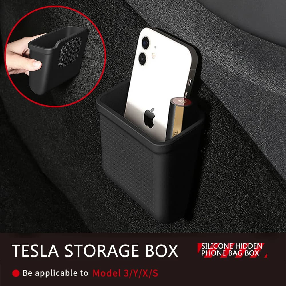 Caja de almacenamiento de silicona para coche Tesla Model 3 Y S X 2017-2022 2023, bandeja organizadora oculta, caja, soporte para monedas de teléfono, accesorios para automóvil