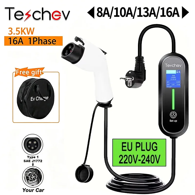 Tesla Cochegador Portátil para Vehículos Eléctricos de 3.5kW 16A Tipo 2, Enchufe Schuko, Cochegador para Coche Eléctrico con Pantalla LCD, Cable de Cochega Rápida para Todos los Vehículos Eléctricos Tipo 2