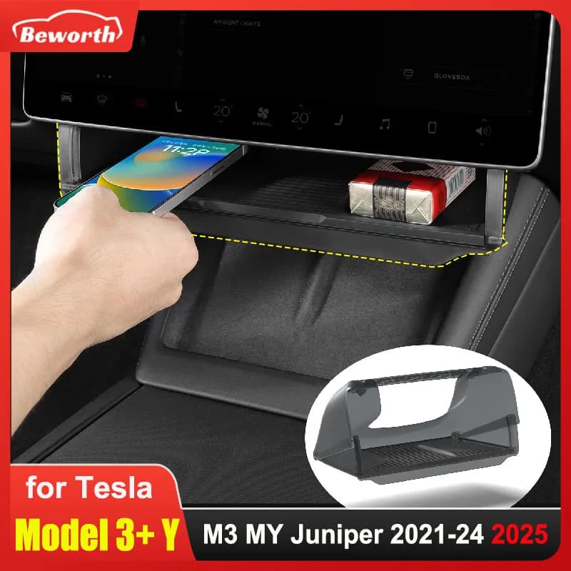 Para Tesla Model Y Juniper 2025 Model 3 Highland 2024 caja de almacenamiento oculta debajo de la pantalla detrás de la pantalla caja organizadora de la consola central