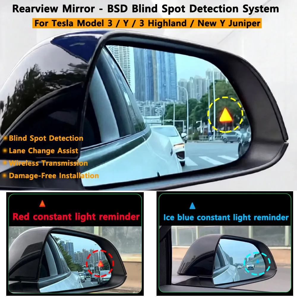 Sistema BSD de monitoreo de punto ciego, asistencia de cambio de Cocheril, espejo retrovisor de transmisión inalámbrica para Tesla Y Juniper modelo Y 3 Highland