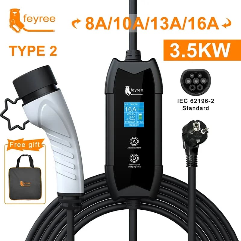 Tesla Feyree EV Cochegador portátil Type2 / GB/T Conector 16A 1 fase 3.5KW Type1 3.5m Estación de Cochega Wallbox para vehículo eléctrico