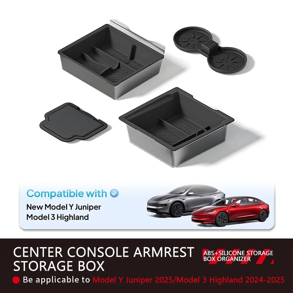 Caja de almacenamiento de consola central para Tesla Model 3 Highland 2024 2025 Model Y Juniper 2025, organizador de reposabrazos ABS, accesorios interiores