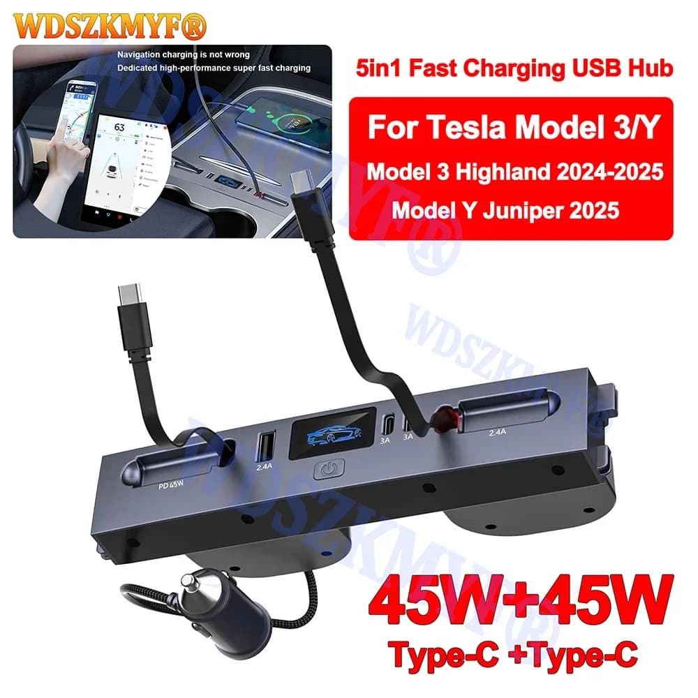 Para Tesla Nuevo Modelo Y Juniper 2025 Modelo 3 Highland 2024, Base de Expansión USB HUB Tipo-C de Cochega Rápida de 65W 45W para Consola Central