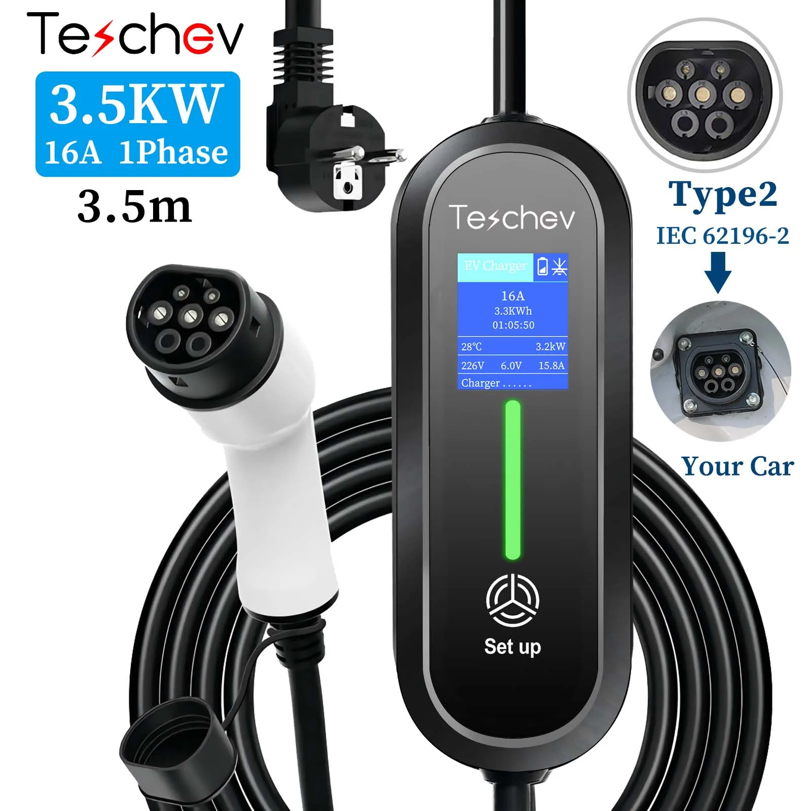 Tesla Teschev 220V Cochegador EV portátil Type2 Wallbox 3.5KW 8A a 16A 1 fase Type1 J1772 IP65 Bolsa EV de regalo gratis
