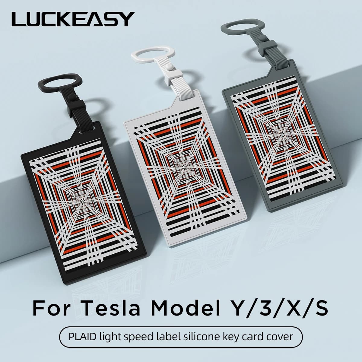 LUCKEASY para Tesla Model 3 Y X S, Funda Protectora para Tarjeta de Llave de Coche, Accesorios para Auto, Funda de Silicona con Etiqueta PLAID Light Speed