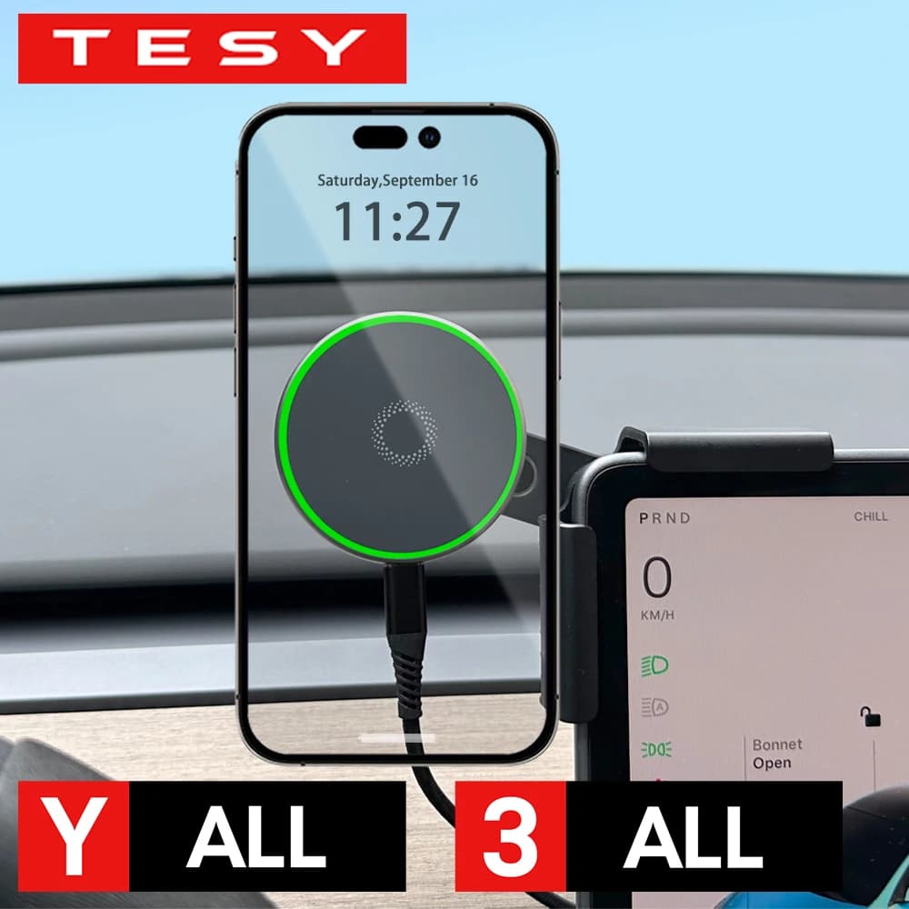 Soporte Magnético para Teléfono de Coche con Cochegador Inalámbrico de 15W Compatible con MagSafe para Tesla Model Y Juniper 2026 25 Model 3 Highland