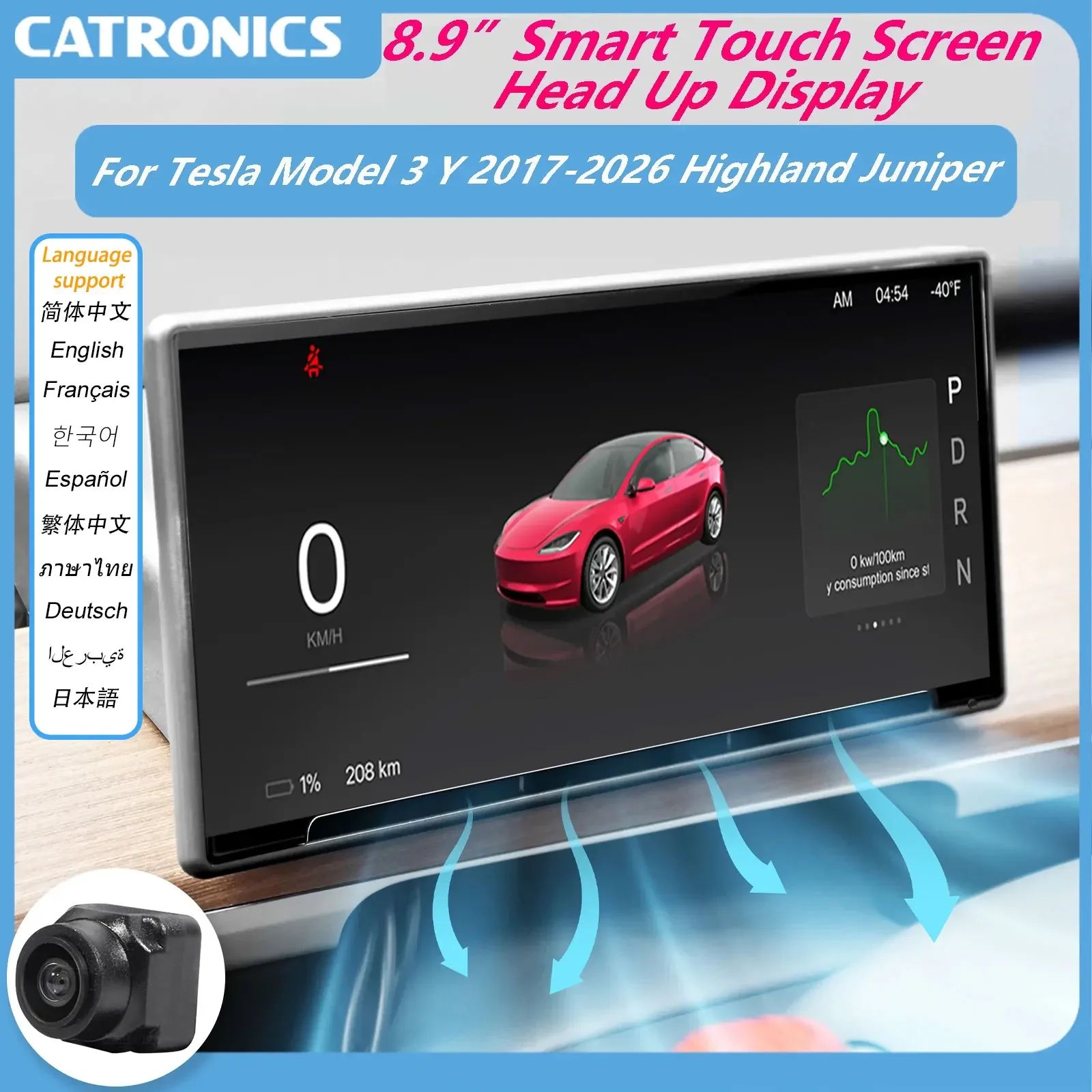 CATRONICS Pantalla Head-Up de 8.9 Pulgadas para Tesla Model 3 Y 2017-2026 Highland Juniper, Android Auto, Cocheplay, HUD, Actualización OTA, Ventilación