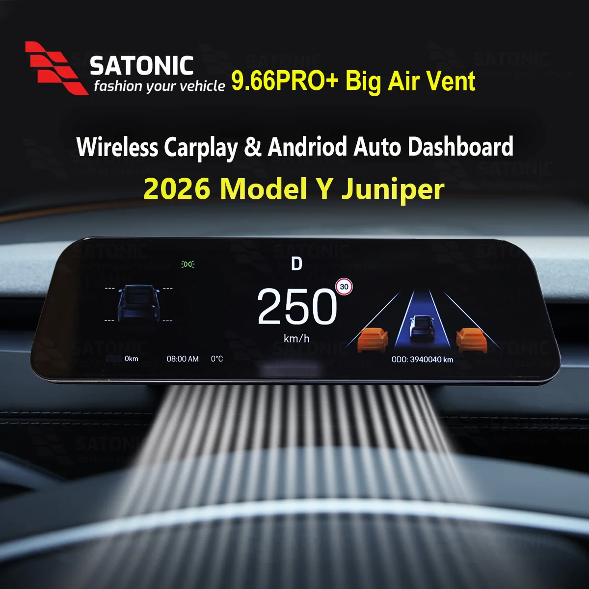 SATONIC 966pro Pantalla de Tablero de 9.66 Pulgadas para Tesla Modelo Y Juniper 2026, Compatible con Cocheplay Inalámbrico y Android Auto GearShift