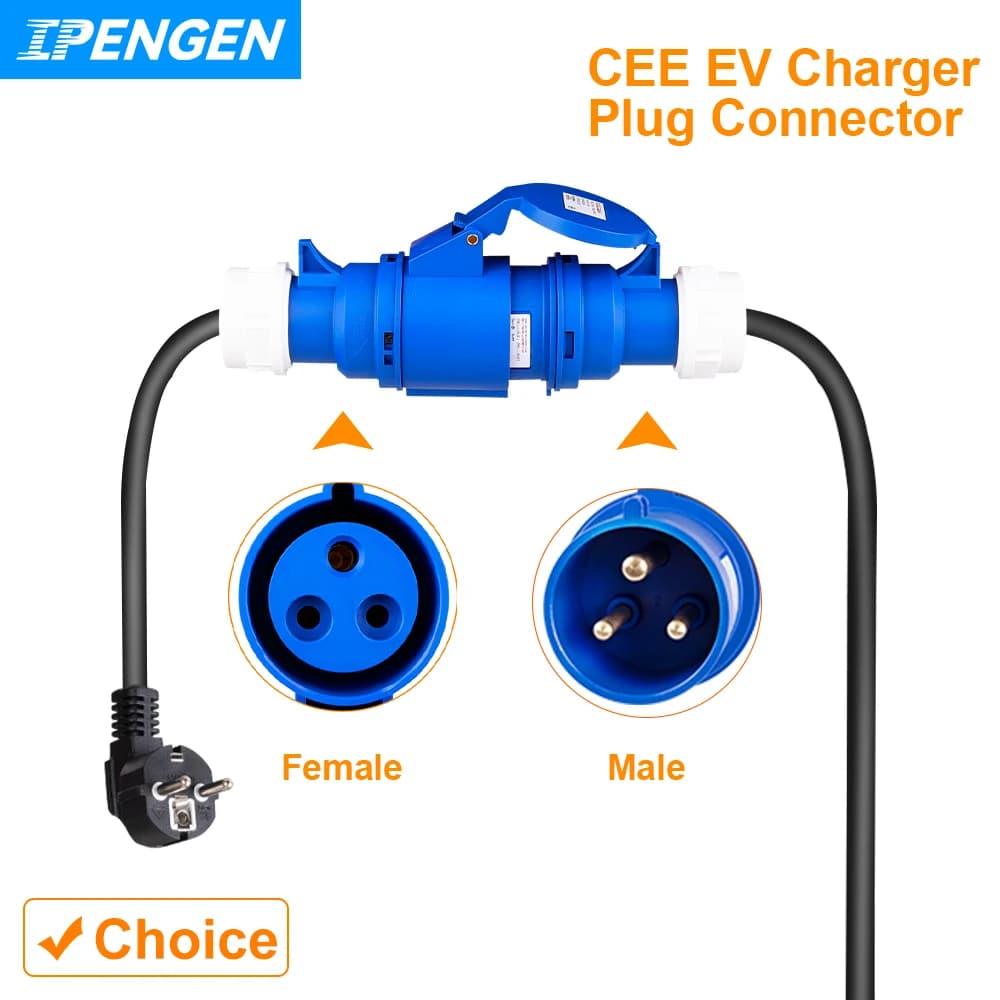 Tesla Cochegador para Vehículos Eléctricos IPENGEN, Conector Hembra CEE de 3 Pines, Adaptador Impermeable, Enchufe de Pared, Compatible con Cochegador de 32A, 1 Fase, 7KW
