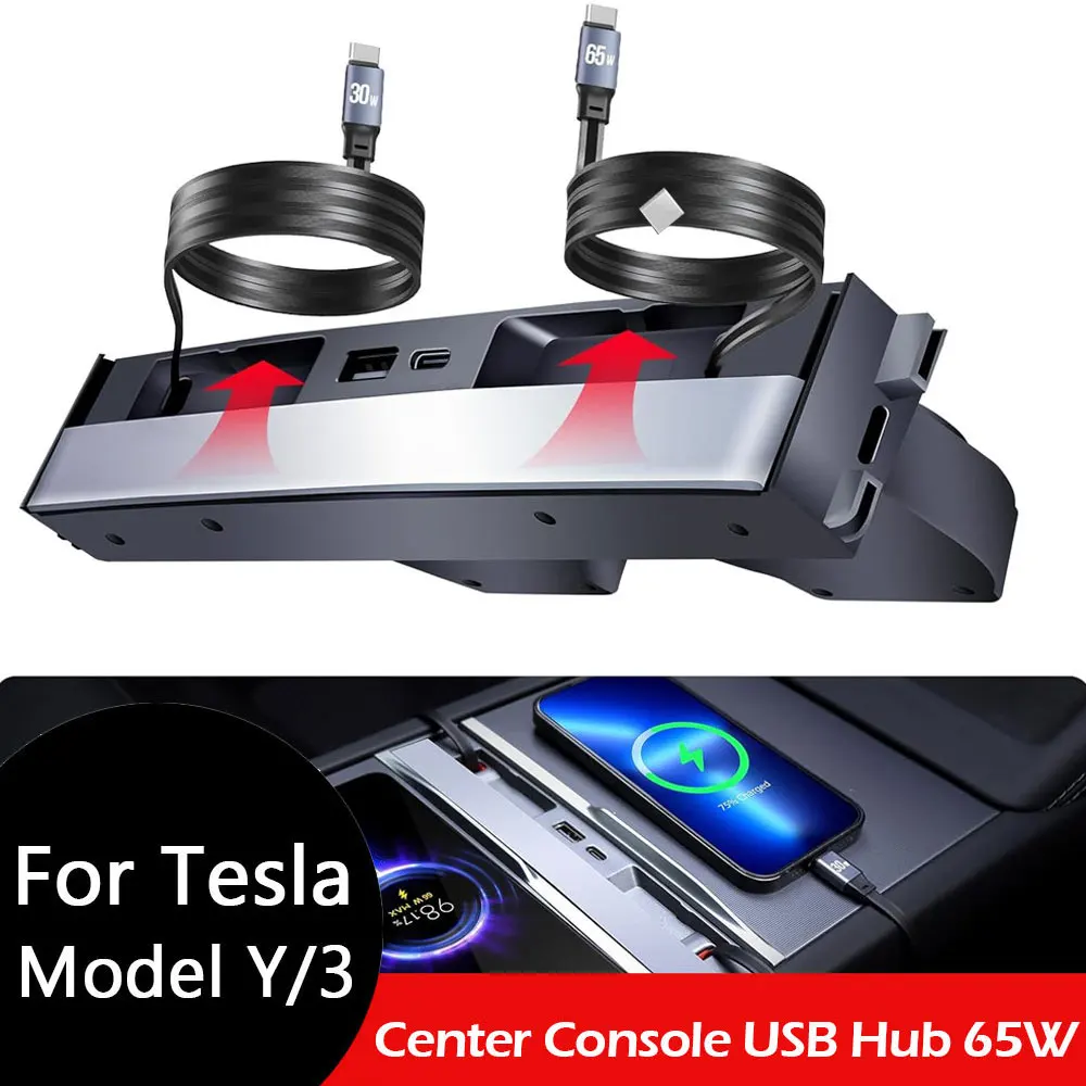 Hub USB de 65W para Tesla Model Y Juniper 2026, Cochegador Rápido para Model 3 Highland, Hub de Cochega con 4 Puertos, Cochegador de Teléfono Retráctil