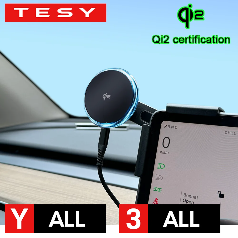 Cochegador Inalámbrico Magnético Qi2 de 15W, Soporte para Teléfono con Montaje en Pantalla, Compatible con MagSafe para Tesla Model Y 3 Juniper Launch 2026 2025