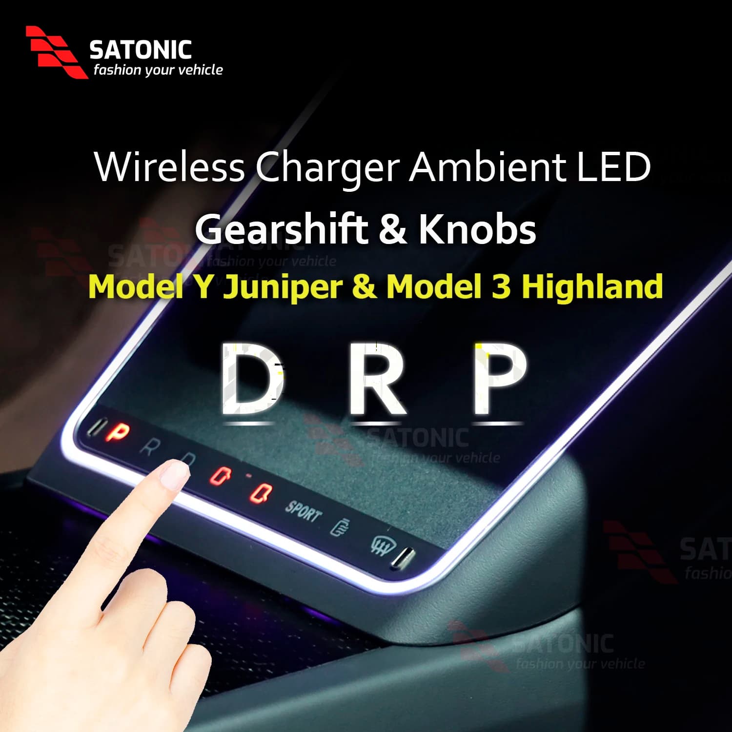 Cochegador Inalámbrico SATONIC 2026 Modelo Y Juniper con LED Ambiental y Cochega Rápida Dual Tipo-C para Tesla Model 3 Highland