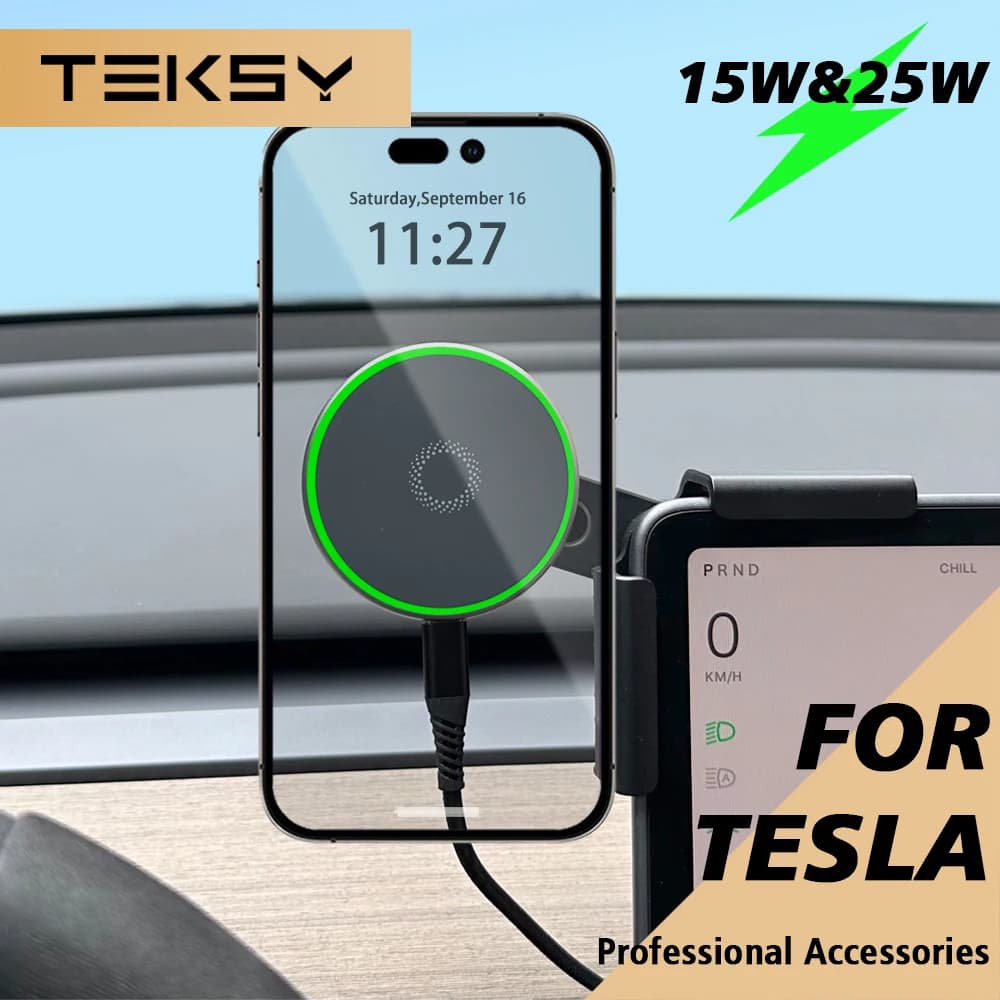 Soporte para Teléfono de Coche, 15W 25W, Compatible con Qi2, Cochegador Inalámbrico Magnético MagSafe para Tesla Model Y Juniper 2026, Model 3, BYD