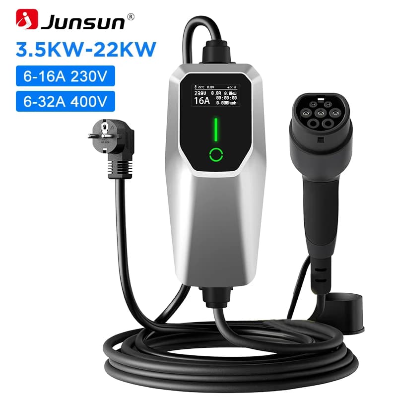 Tesla Cochegador para Vehículos Eléctricos Junsun Tipo 2, Cable de Cochega Schuko 3.5KW CEE Azul, 7.4KW CEE Rojo, 11KW 16A 32A Trifásico, Estación de Cochega Portátil EVSE para Enchufe Europeo