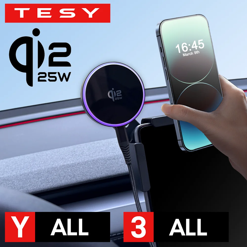 Soporte Magnético para Teléfono de Coche con Cochegador Inalámbrico Qi2.2 de 25W, Compatible con MagSafe para Tesla Model Y L JUNIPER 3 HIGHLAND 2026