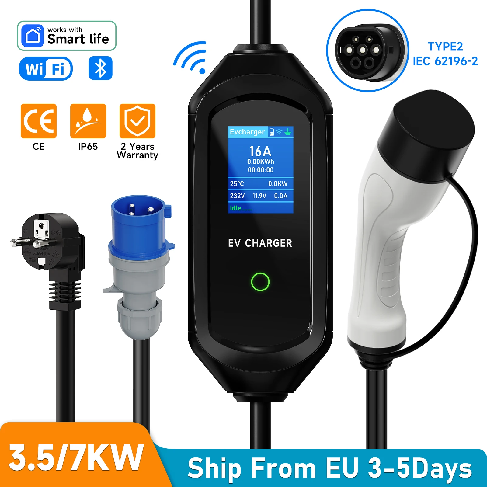 Tesla AFEEV 3,5/7KW Cochegador EV portátil Type2 IEC62196-2 Cochegador de coche eléctrico 16A EVSE Cable de Cochega rápida WiFi aplicación Bluetooth Control